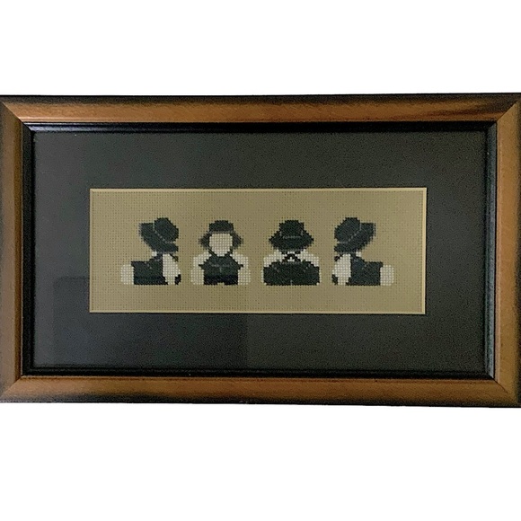 Amish Wall Decor Vintage Needlepoint Traditional Dressed Farmhouse Black White - Picture 16 of 16